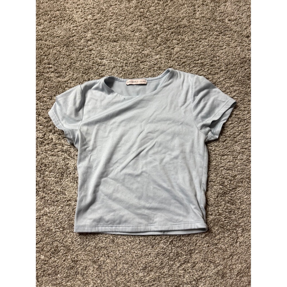 Sincerely Jules Light Blue Baby Tee Short Sleeve Crew Neck Cropped Top